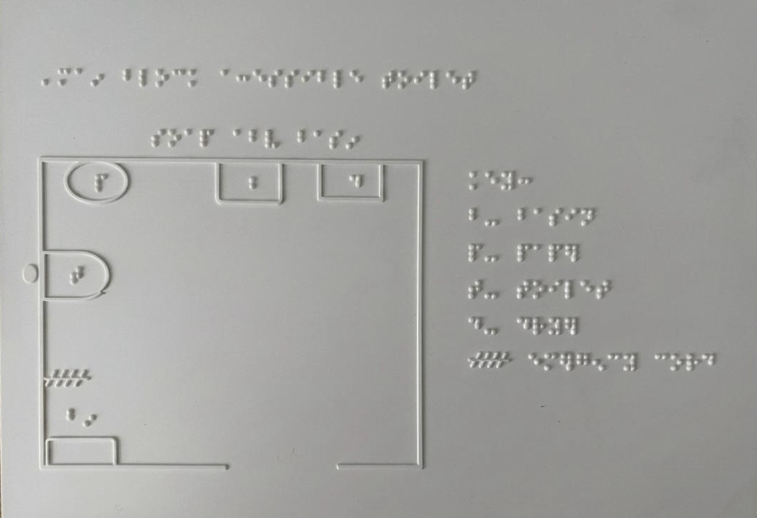 Hayley's physical tactile map prototype: a moulded panel with the raised outline of an accessible toilet room, raised fixture symbols for the basin, dryer, toilet and grab rail, and braille labels with a braille legend down the right-hand side.