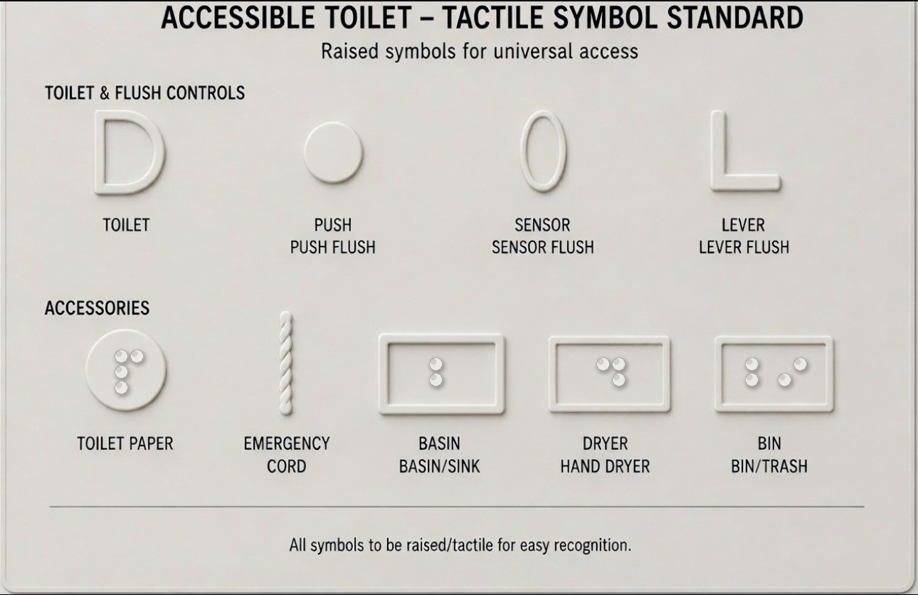 The Accessible Toilet Tactile Symbol Standard reference sheet: raised symbols for universal access. Toilet and flush controls: a D shape for the toilet, a circle for push flush, an oval for sensor flush, and an L shape for lever flush. Accessories: a dotted circle for toilet paper, a twisted vertical line for the emergency cord, and rectangles with braille dots for basin, hand dryer, and bin.